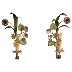 Antique Pair of Early 20th Century French Hand-Painted Metal Sconces with Flowers 