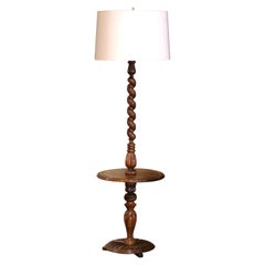 Retro Mid-Century French Carved Barley Twist Floor Lamp with Attached Table