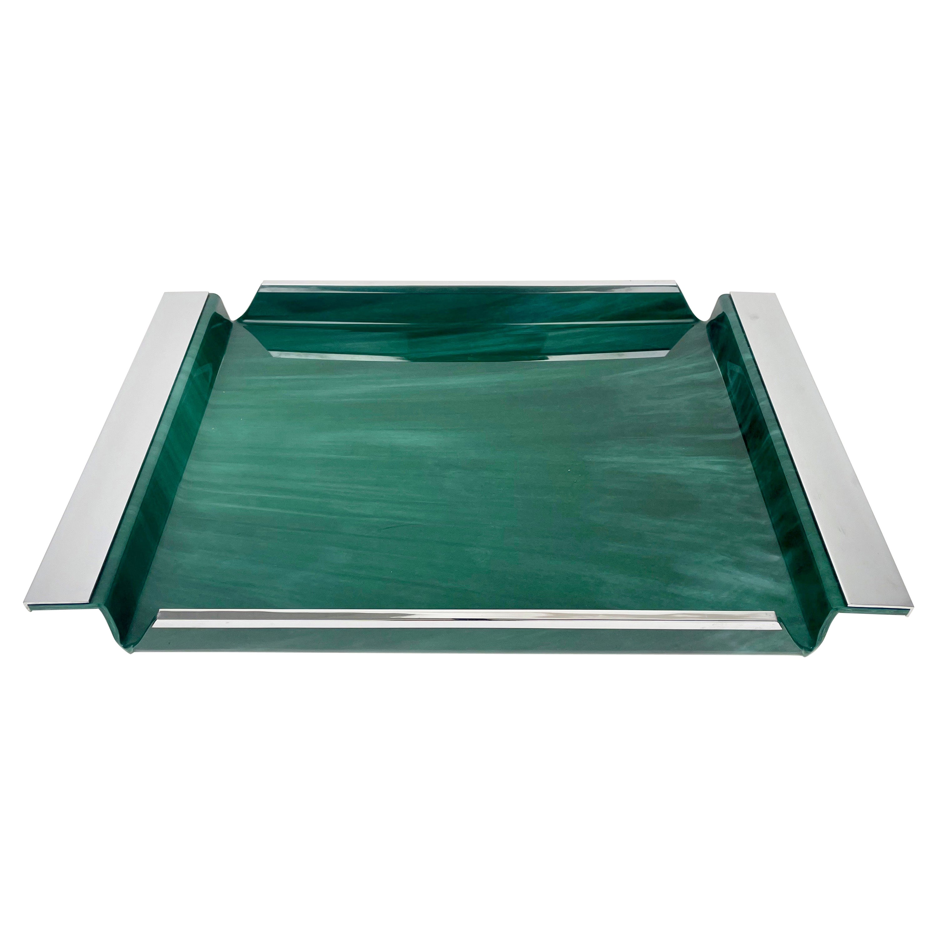 Bandeja para servir acrílico efecto mármol verde y cromo Estilo Willy Rizzo, Italia Años 70