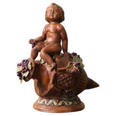 19th Century French Painted Terracotta Young Bacchus Sculpture with Vine & Grape