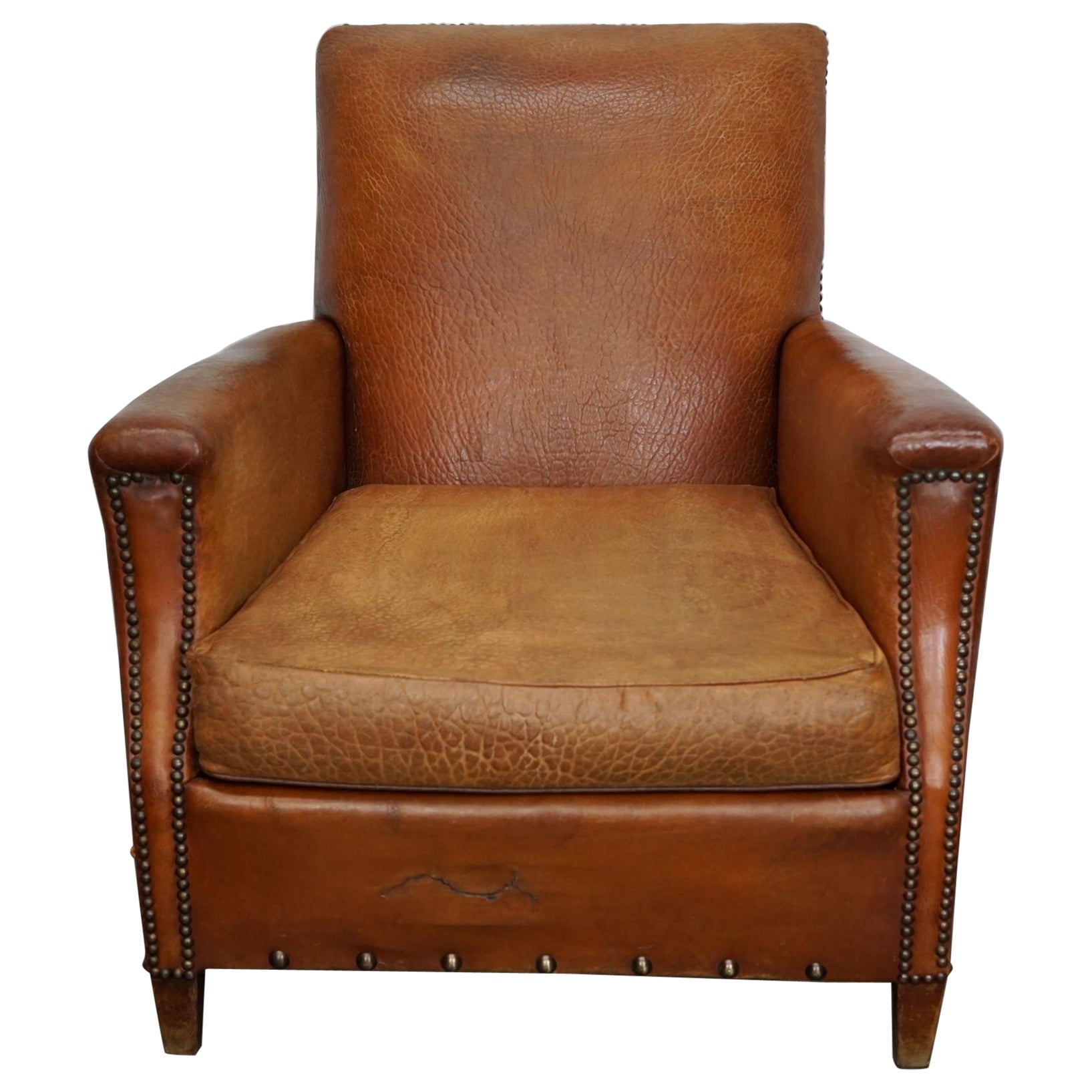 Fauteuil club français vintage en cuir couleur cognac, années 1940 en vente