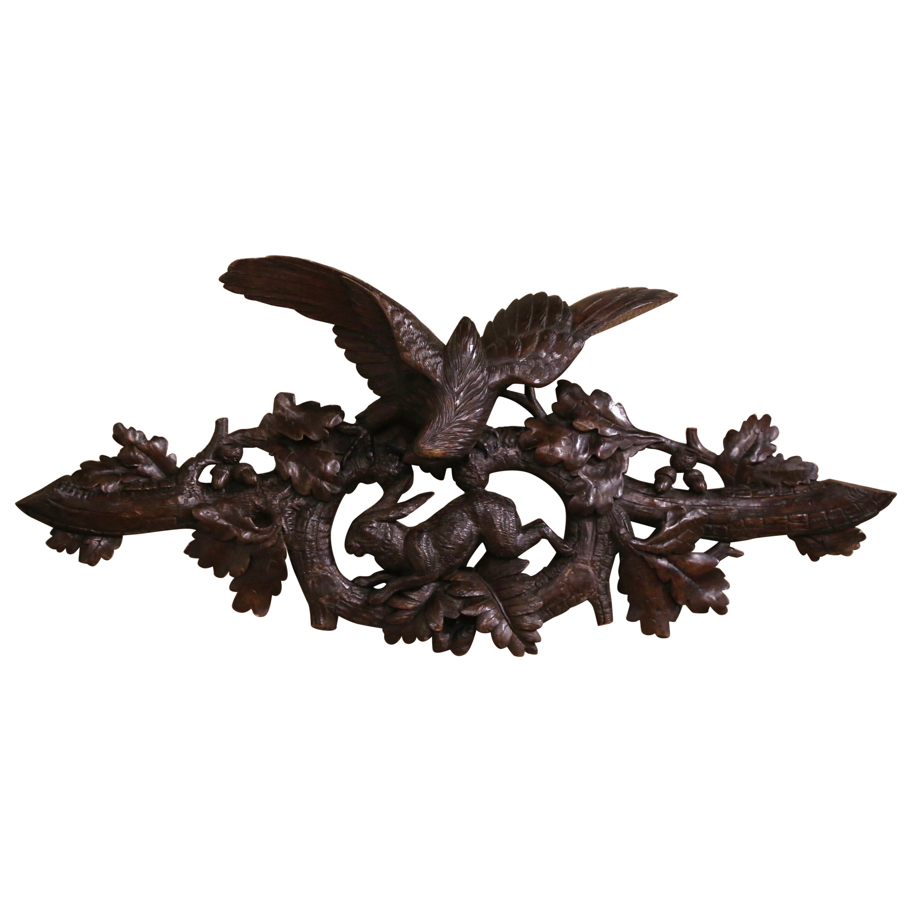 19th Century French Black Forest Carved Walnut Wall Decor with Eagle & Rabbit