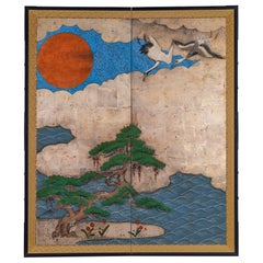 Antique Japanese Two Panel Screen: Cranes Beneath an Orange Sun
