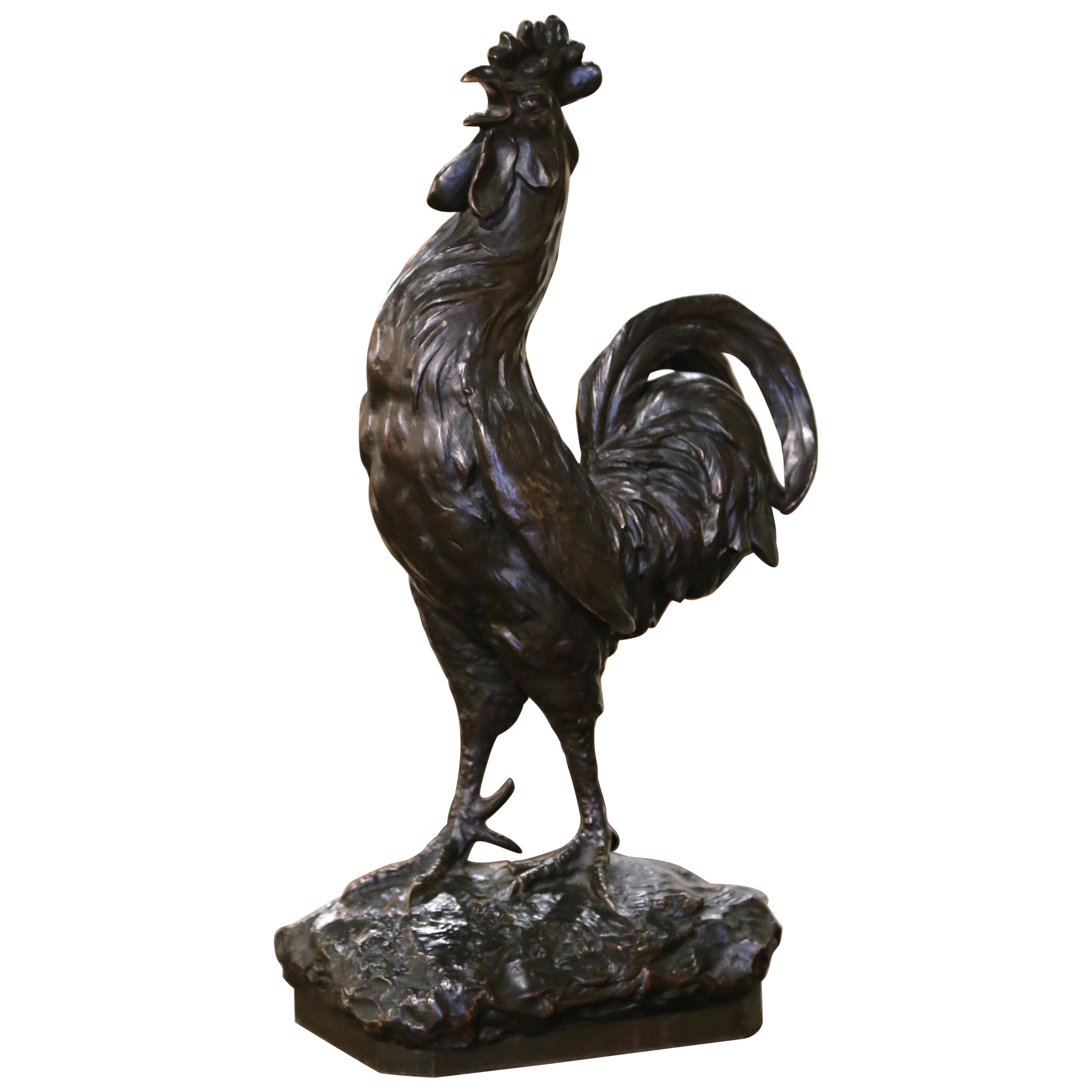 19th Century French Patinated Bronze Rooster Sculpture Signed J. Rabiant