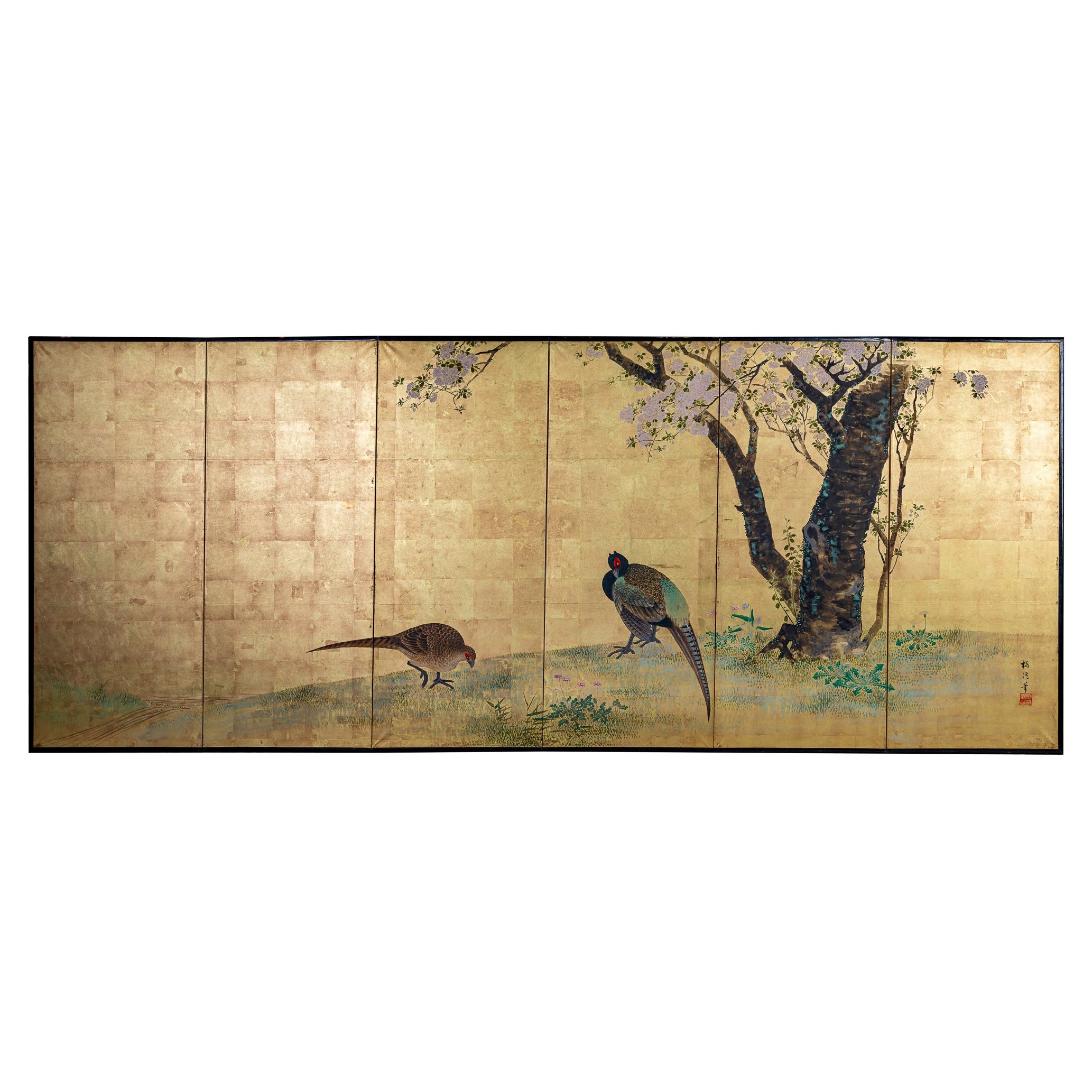 Paravent japonais à six panneaux : faisans sous un cerisier fleuri