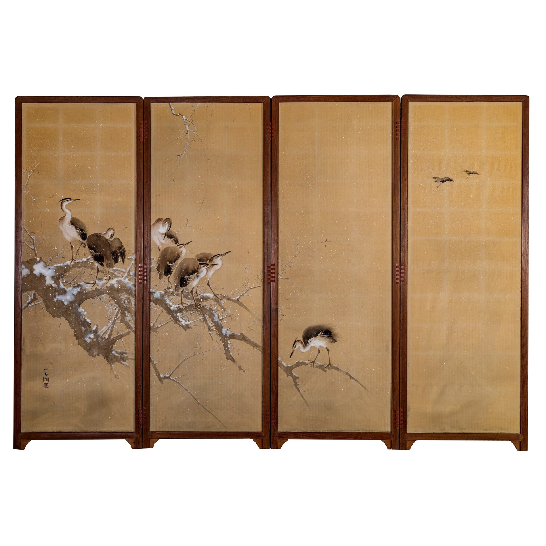 Japanese Four Panel Screen: Herons on Snow Laden Branch