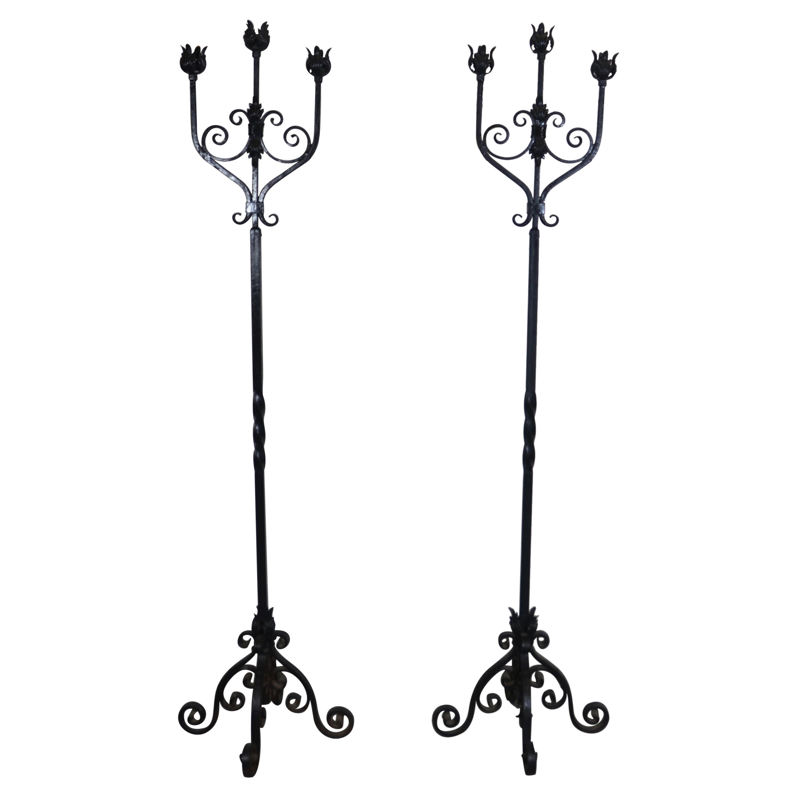 Wrought Iron Floor Torchieres Set of 2 For Sale
