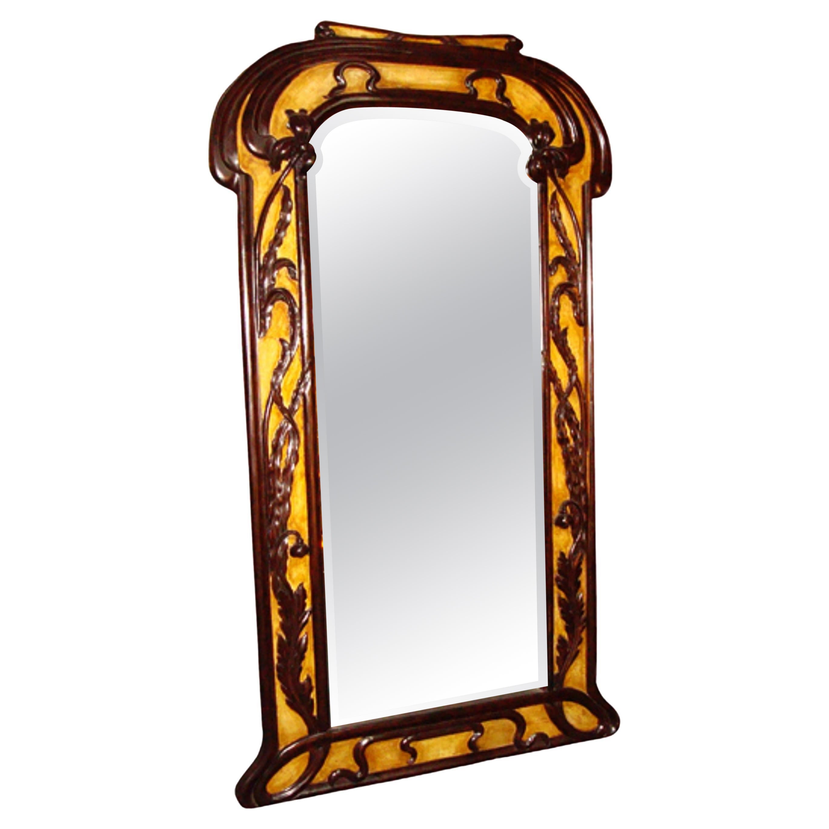 Mirror Jugendstil, Art Nouveau, Liberty, France, parchment leather, wood , mirror For Sale