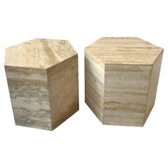 Pair of Small Hexagonal Travertine Marble Tables