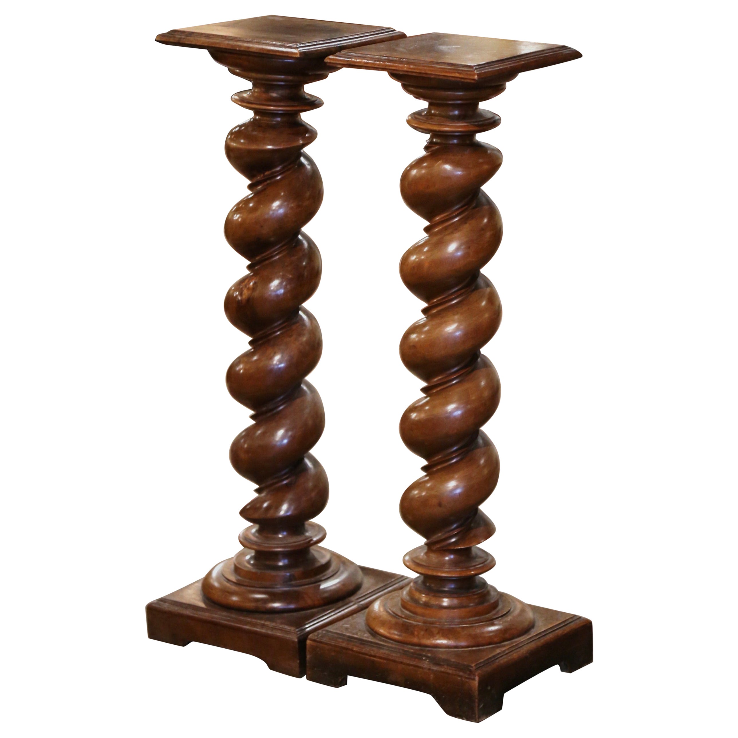 Pair 19th Century French Louis XIII Carved Walnut Barley Twist Pedestal Tables For Sale