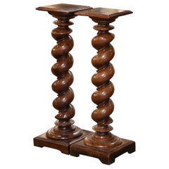 Pair 19th Century French Louis XIII Carved Walnut Barley Twist Pedestal Tables