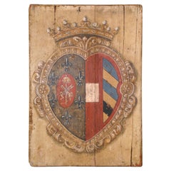 19th Century French Carved Painted Wall Hanging Coat of Arms with Family Crest