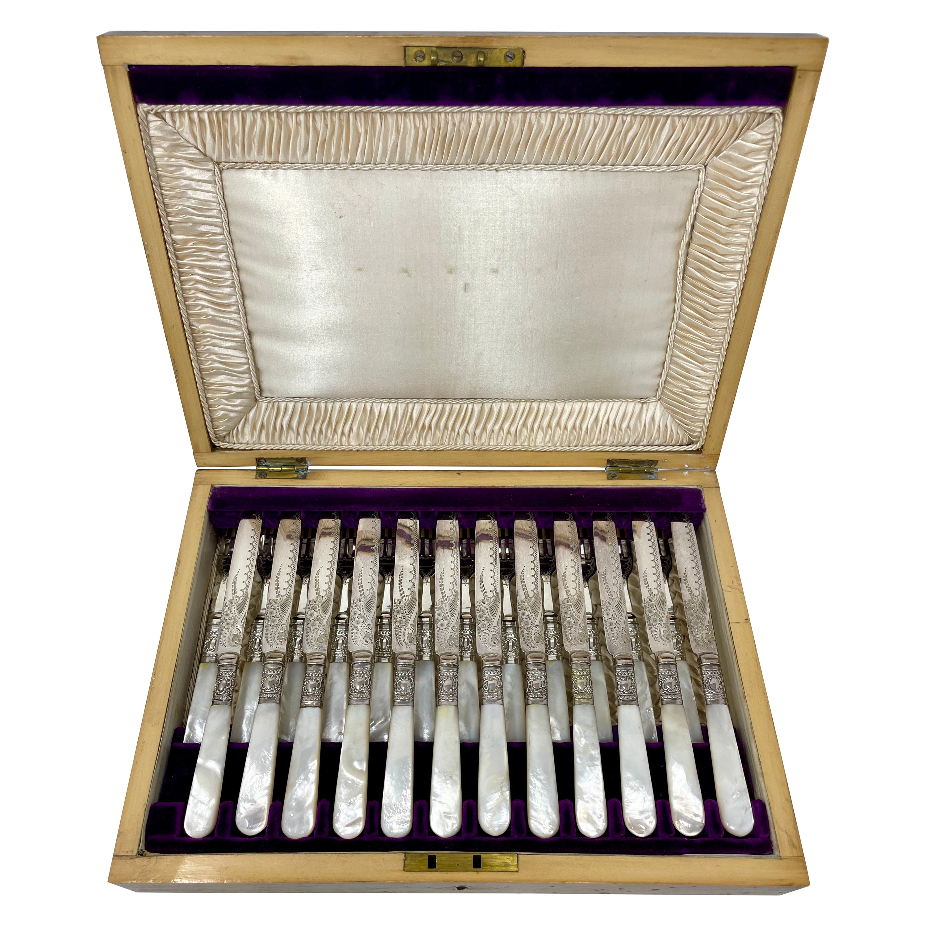 Antique English Victorian Mother of Pearl 24 Piece Dessert Set in Case, Ca. 1880