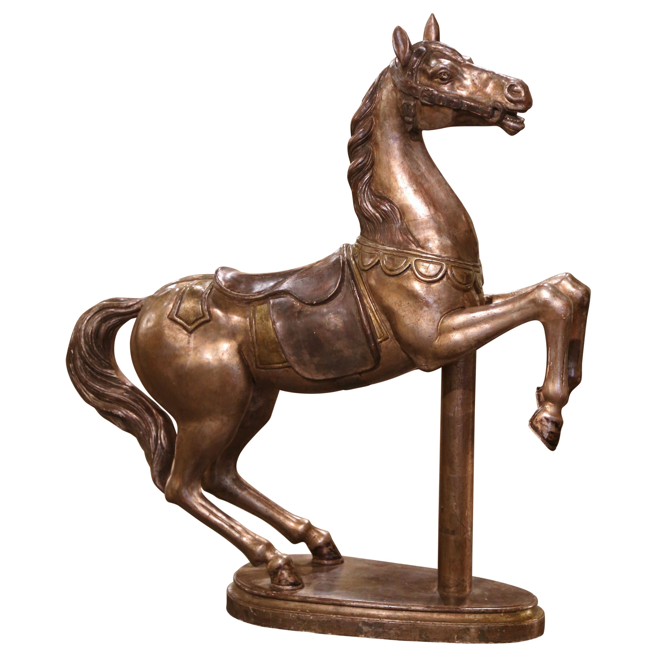 Late 19th Century French Carved Wooden and Silvered Carousel Horse on Stand