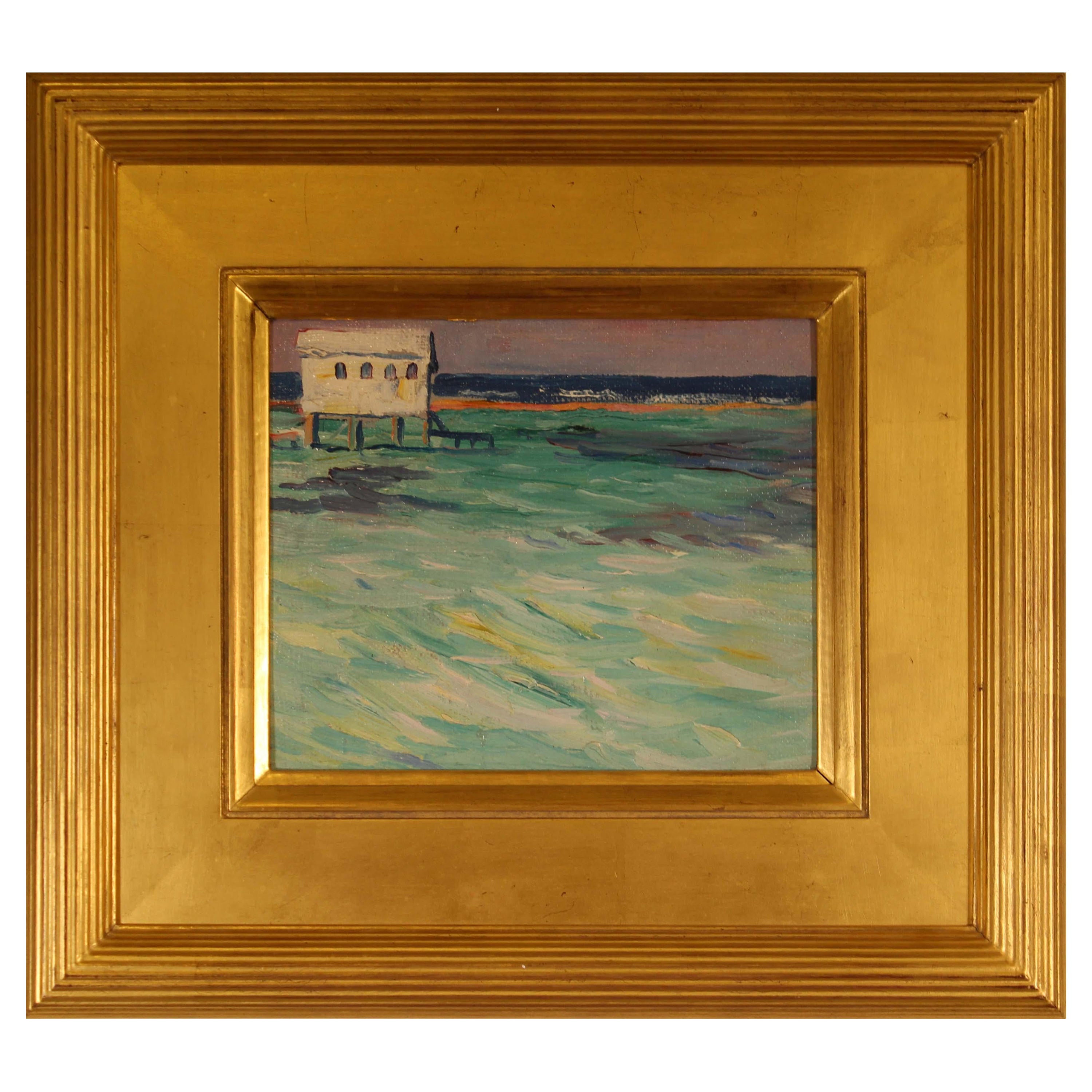 Charles H. Woodbury Marine White House Olio su tavola con timbro della proprietà CHW-40 Incorniciato in vendita