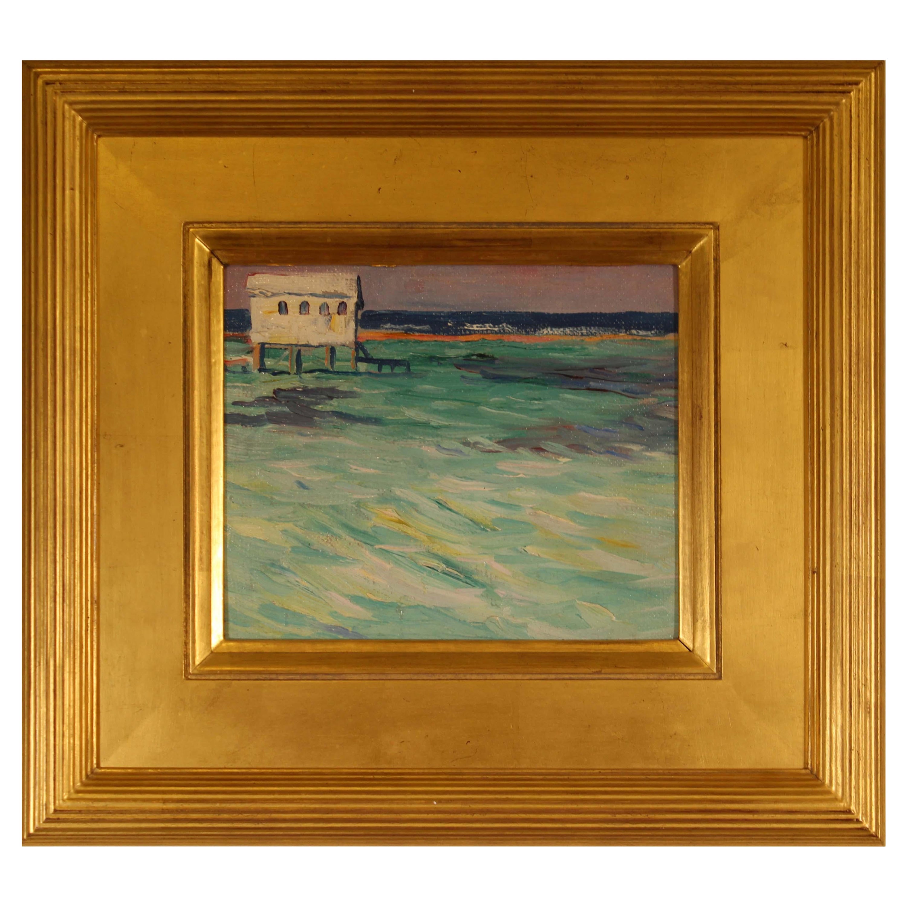 Charles H Woodbury Marine White House Oil on Board Estate Stamped CHW-40 Framed For Sale