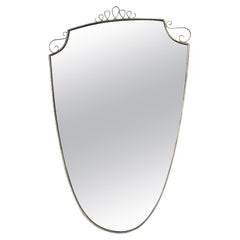 Original 1950s Italian Brass Framed Shield Mirror with Decorative Scroll Top
