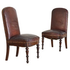 Pair Spanish Mid Neoclassic Period Walnut & Leather Salon Chairs, ca. 1830