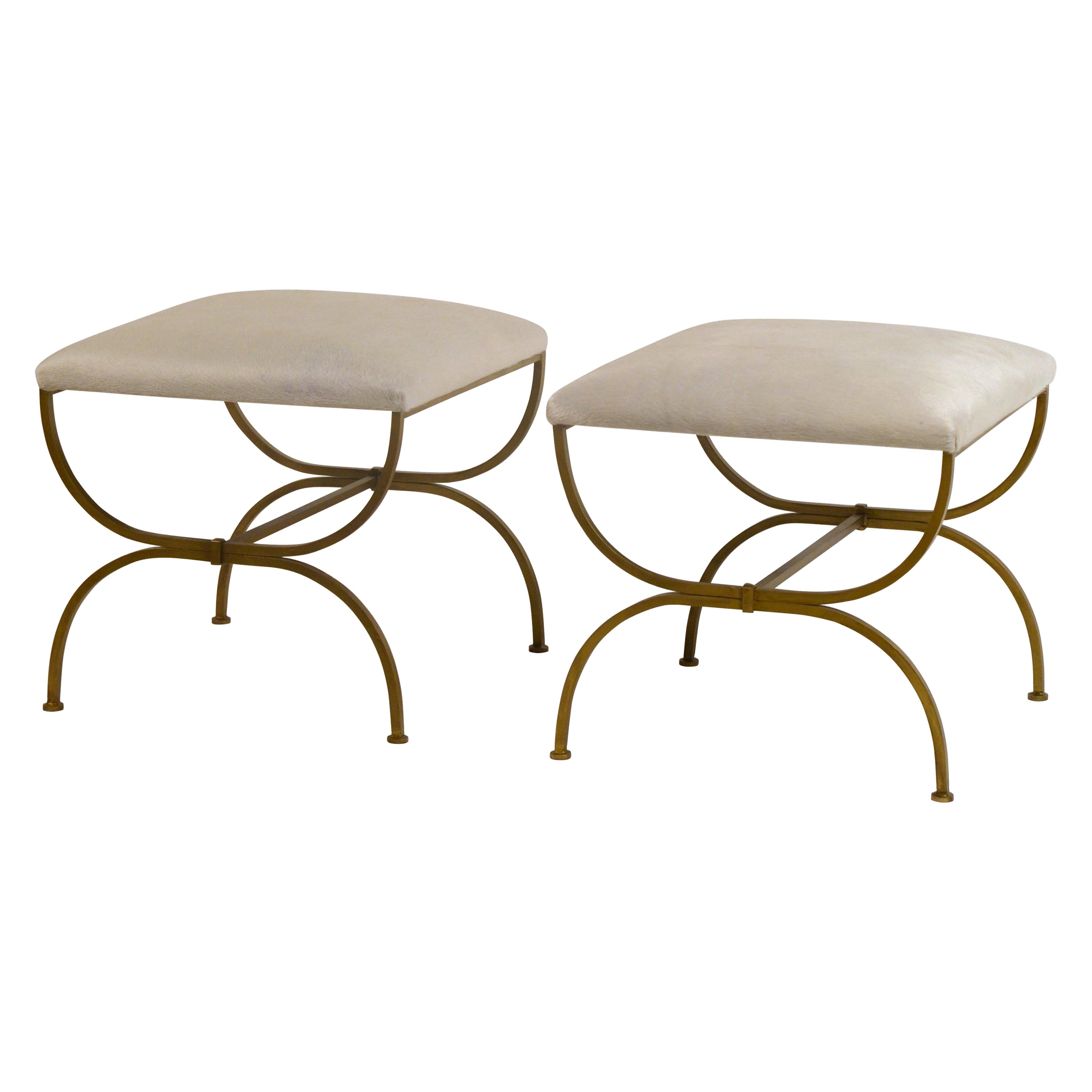Pair of Large 'Strapontin' White Hide Stools by Design Frères