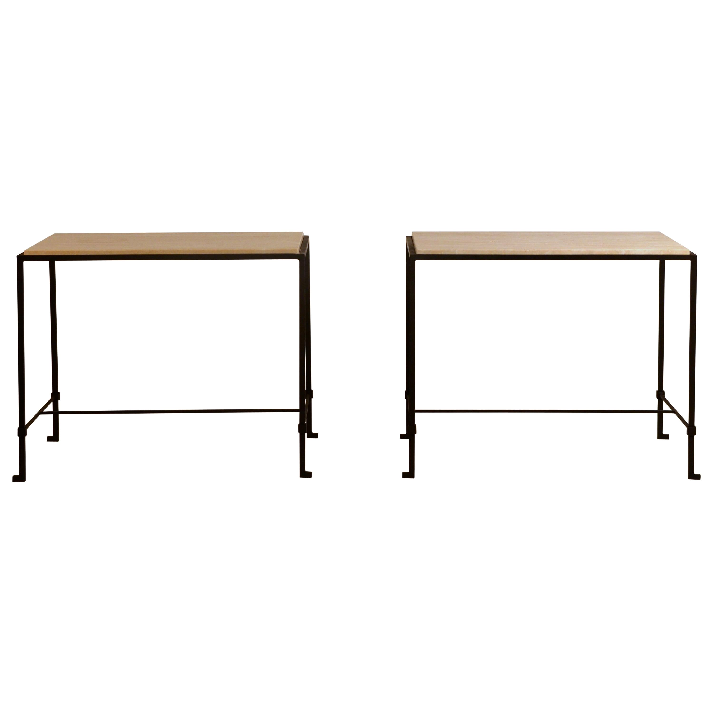Pair of 'Diagramme' Wrought Iron and Travertine Side Tables by Design Frères For Sale