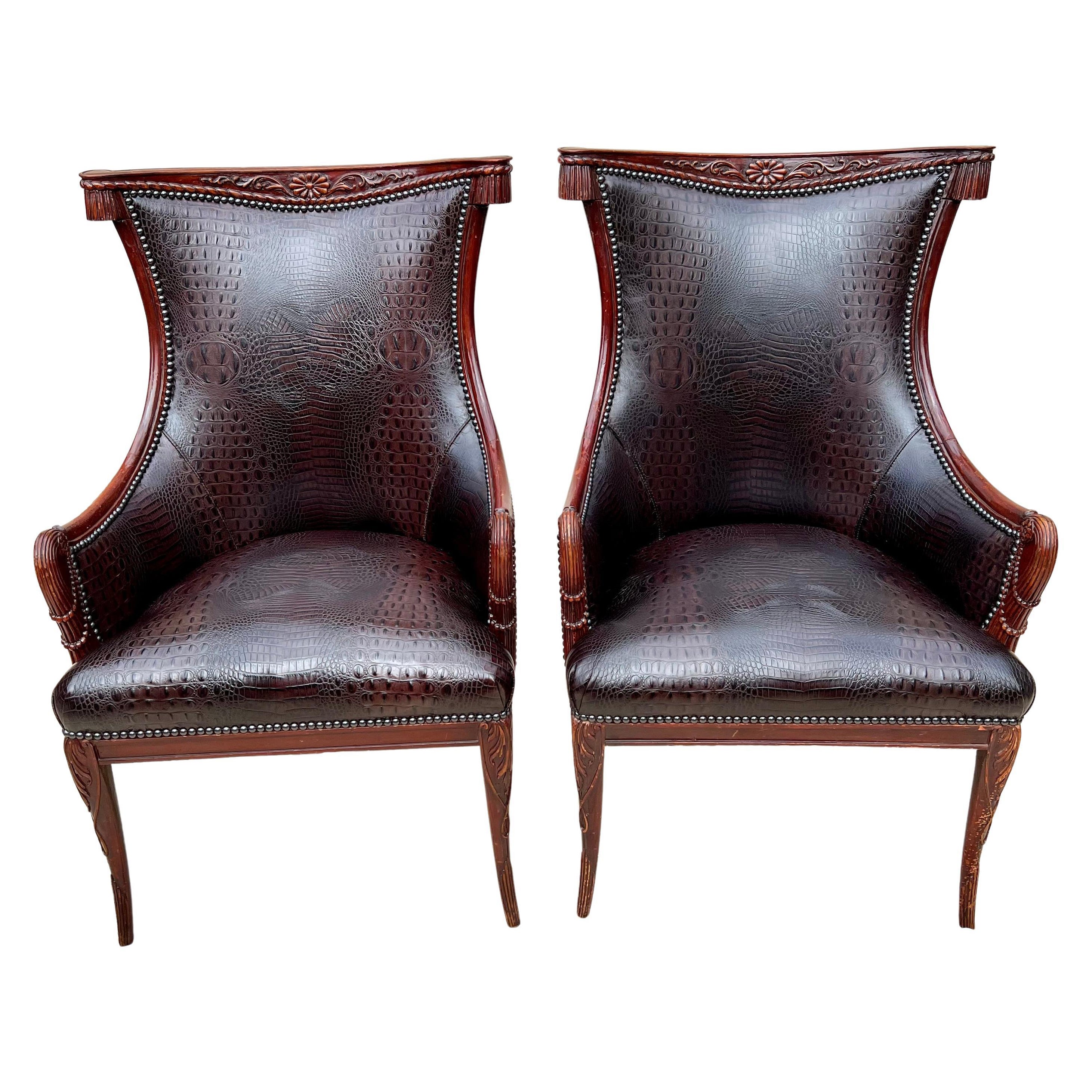 Pair Grosfeld House Chairs in Crocodile Leather and Nail Head Details For Sale