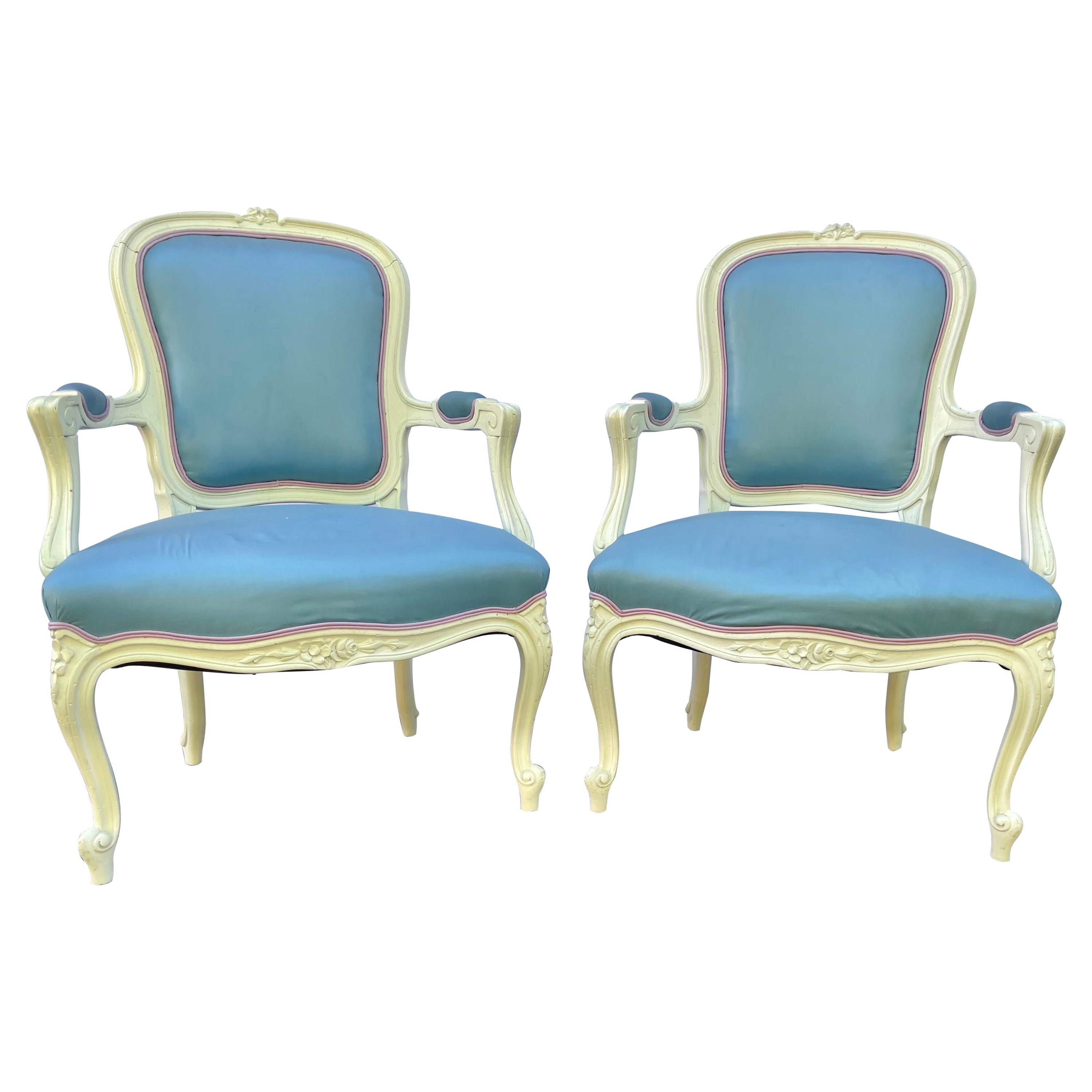 Pair Painted French Louis XV Style Carved Arm Chairs