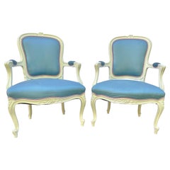 Pair Painted French Louis XV Style Carved Arm Chairs