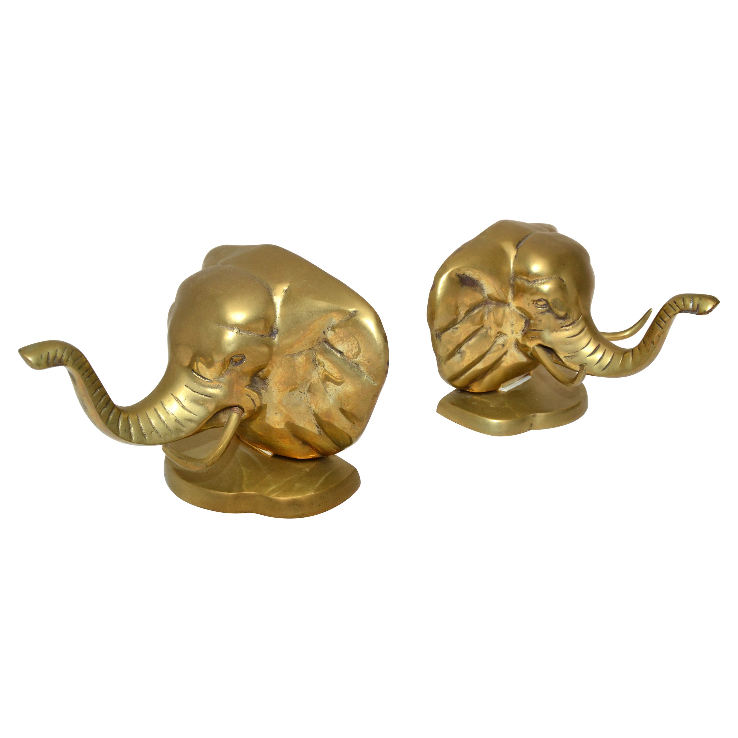 Vintage Handcrafted Brass Elephant Head Bookends, Pair For Sale