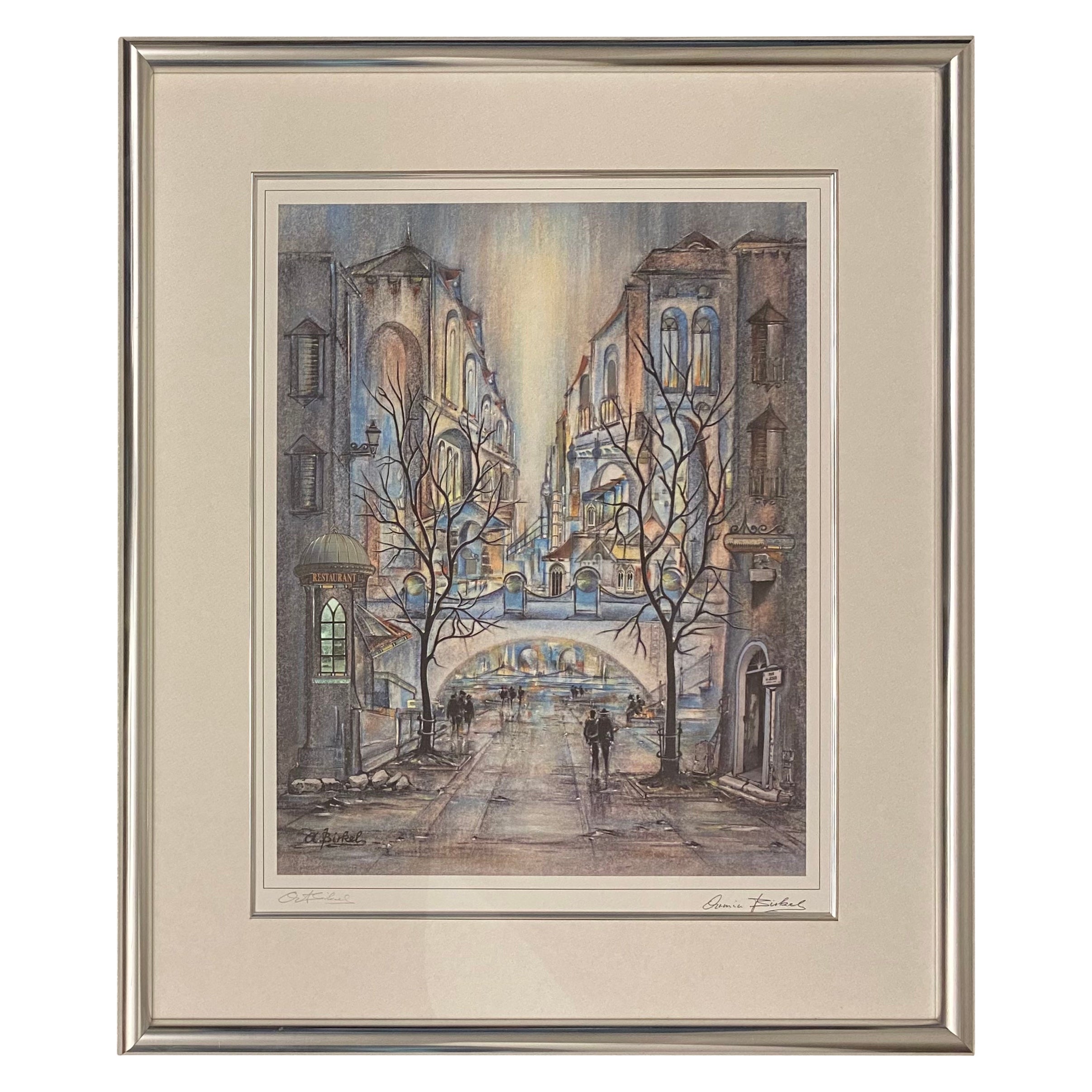 Lithographie originale signée Armin Birkel « Blue City » avec ornements métalliques