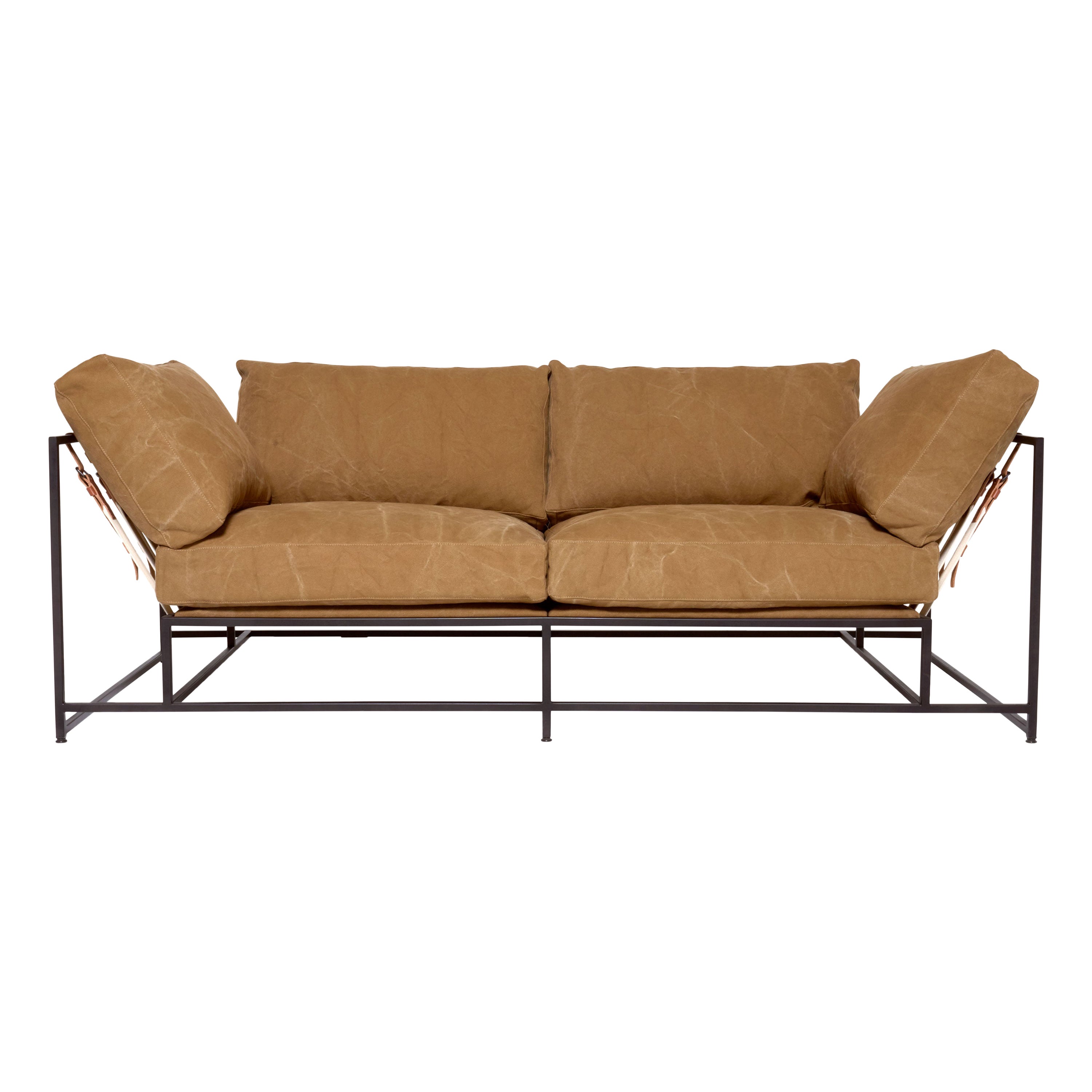 Deadstock Tan Canvas and Blackened Steel Two-Seat Sofa For Sale