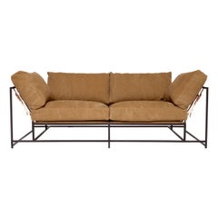 Deadstock Zweisitzer-Sofa aus braunem Segeltuch und geschwärztem Stahl