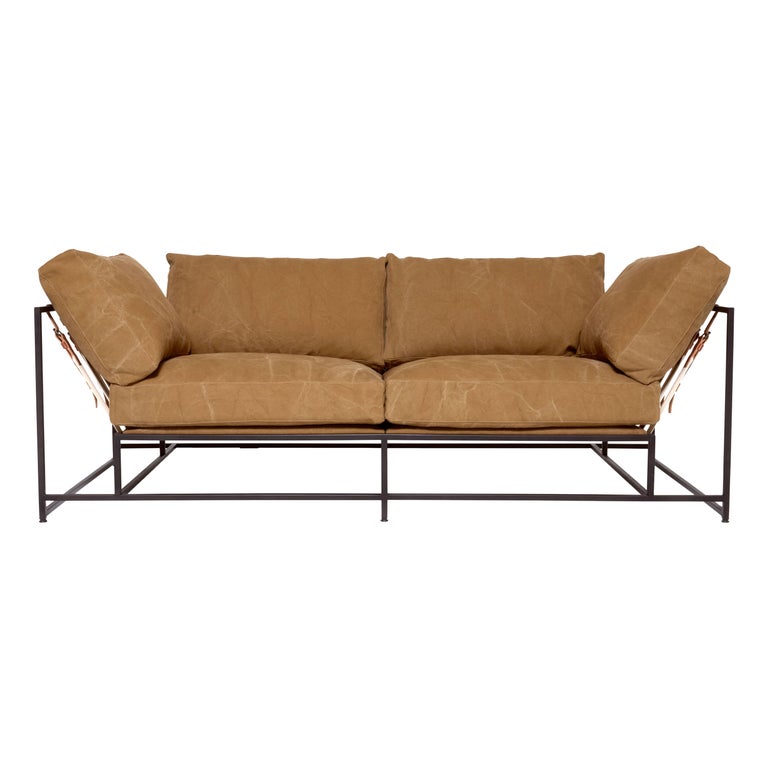 Deadstock Tan Canvas and Blackened Steel TwoSeat Sofa For Sale at 1stDibs