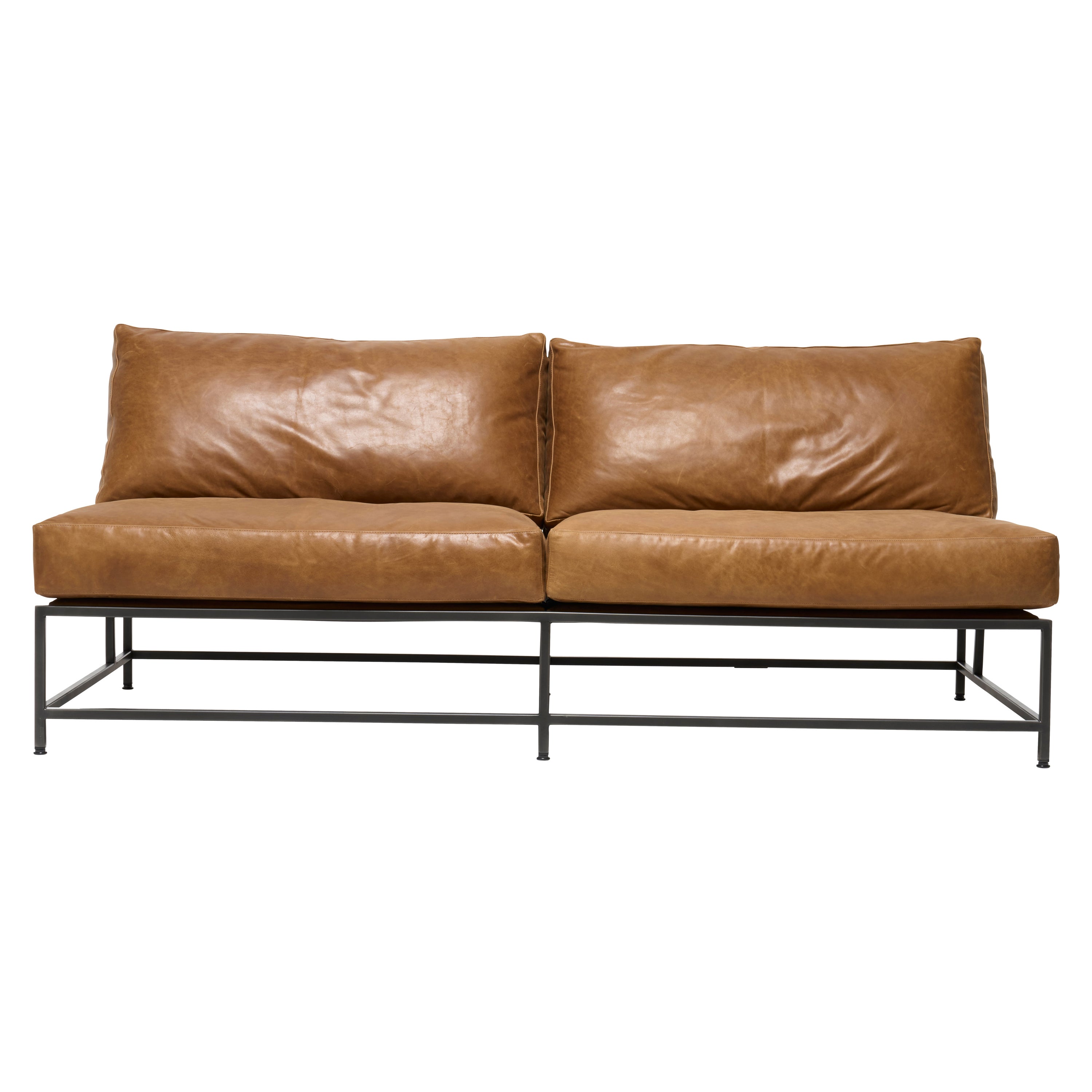 Waxed Walnut Leather & Blackened Steel Loveseat For Sale