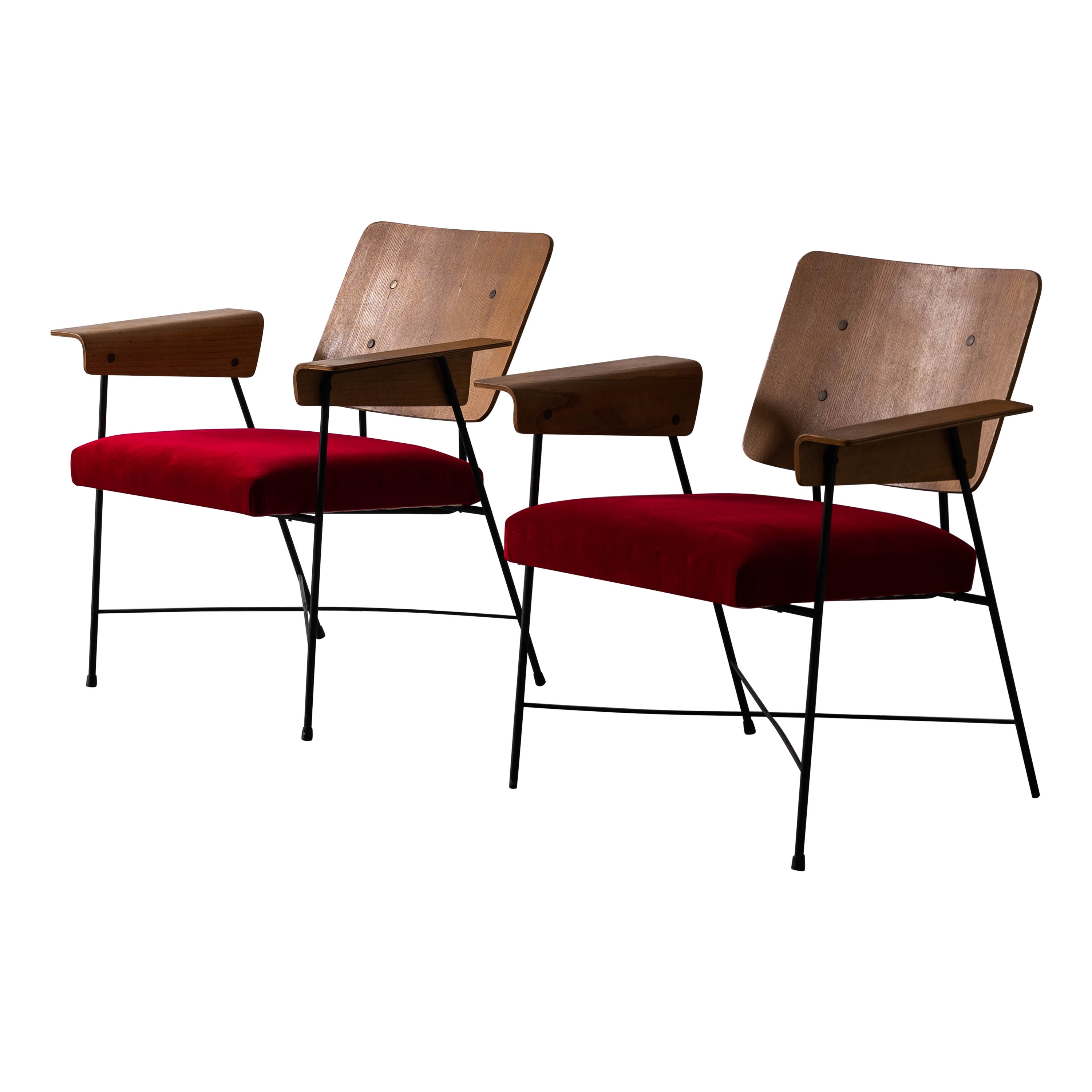George Coslin, Lounge Chairs, Metal, Red Fabric, Plywood, Italy, 1960s For Sale