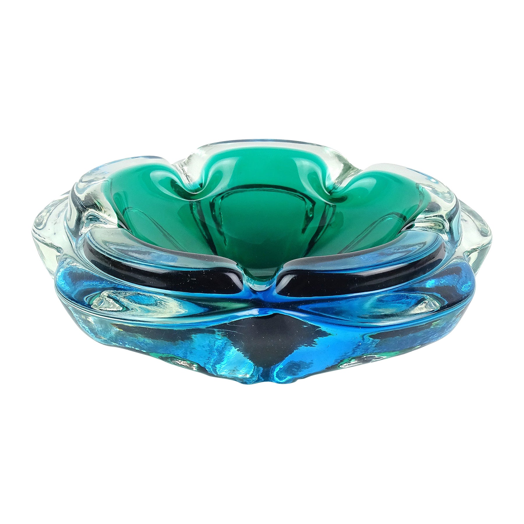 Murano Vintage Sommerso Blue Green Italian Art Glass Flower Shaped Bowl Ashtray For Sale