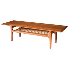Vintage Two-Tier Danish Teak Coffee Table and Cane Magazine Rack