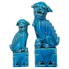Set of Two Decorative Turquoise Blue Ceramic Foo Dogs Sculptures