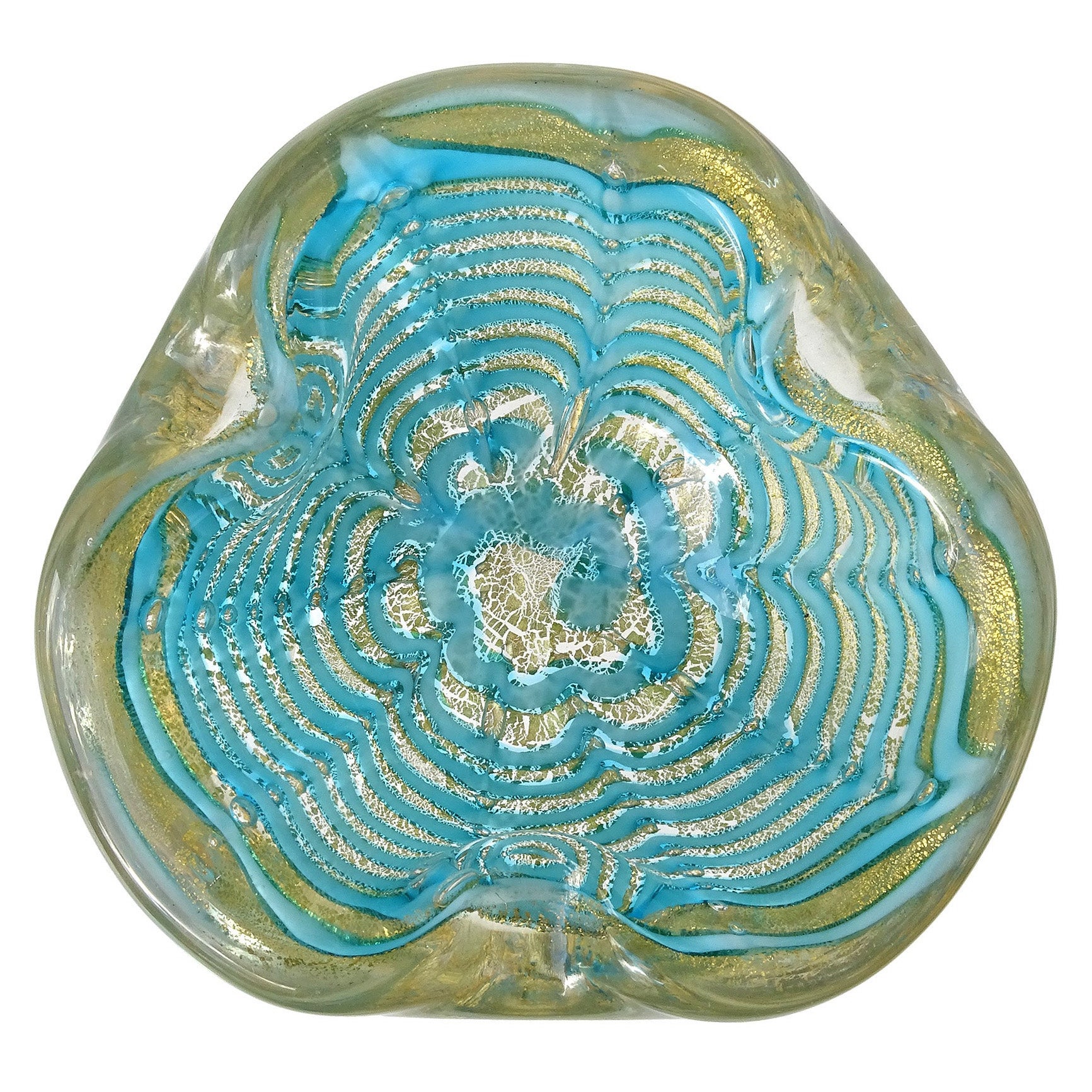 Ercole Barovier&Toso Murano Gold Flecks Blue Web Italian Art Glass Bowl Dish (bol en verre d'art italien) en vente