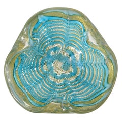 Retro Ercole Barovier Toso Murano Gold Flecks Blue Web Italian Art Glass Bowl Dish