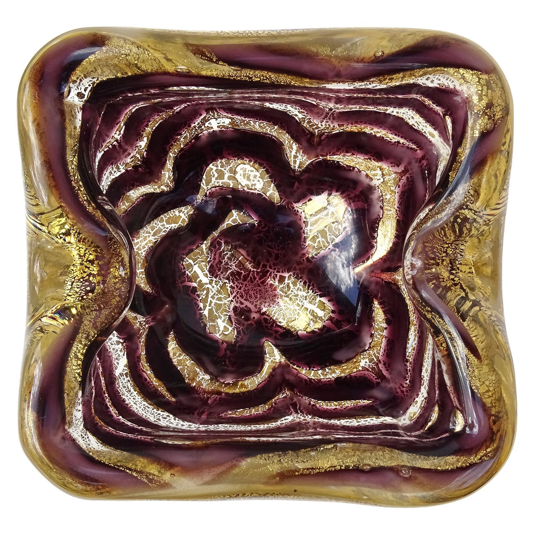 Ercole Barovier Toso Murano Gold Fleck Purple Web Italian Art Glass Bowl Ashtray