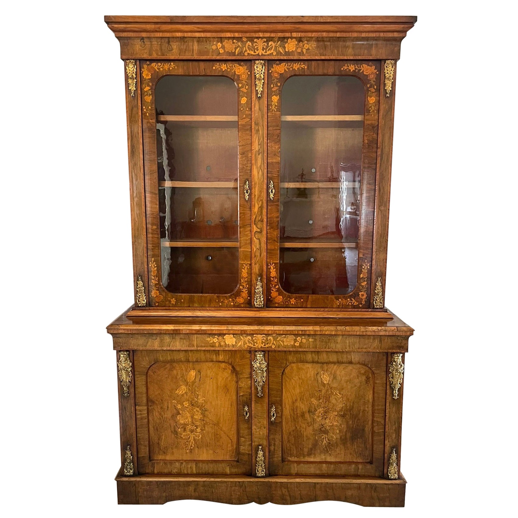 Fantastic Antique Burr Walnut Marquetry Inlaid Ormolu Mounted Bookcase Cabinet For Sale