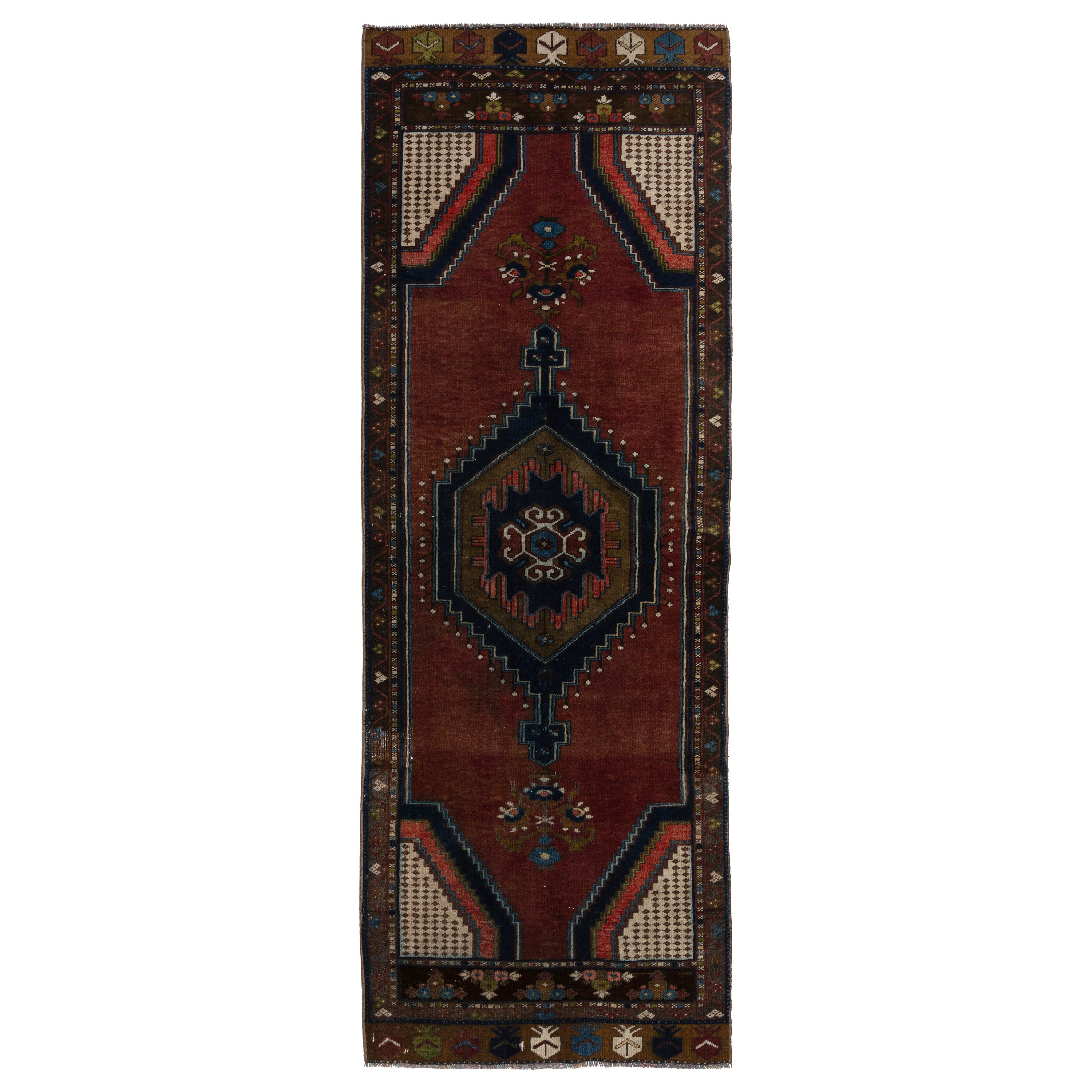 Tapis de couloir tribal anatolien vintage fait à la main 100 % laine, 2,9 x 7,9 m, unique en son genre