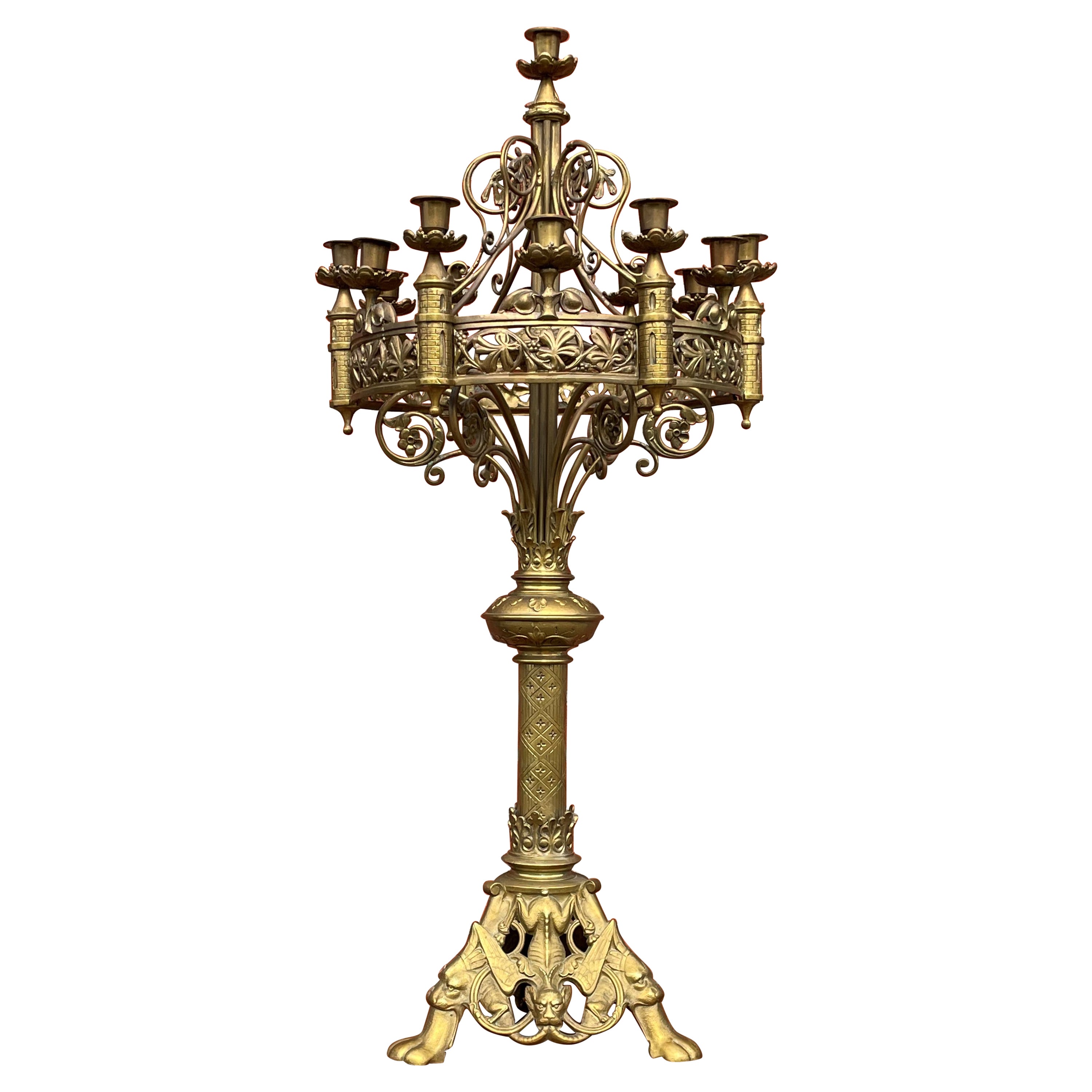 Antique Gothic Revival Bronze 13 Candle Table or Floor Candelabra with Gargoyles For Sale
