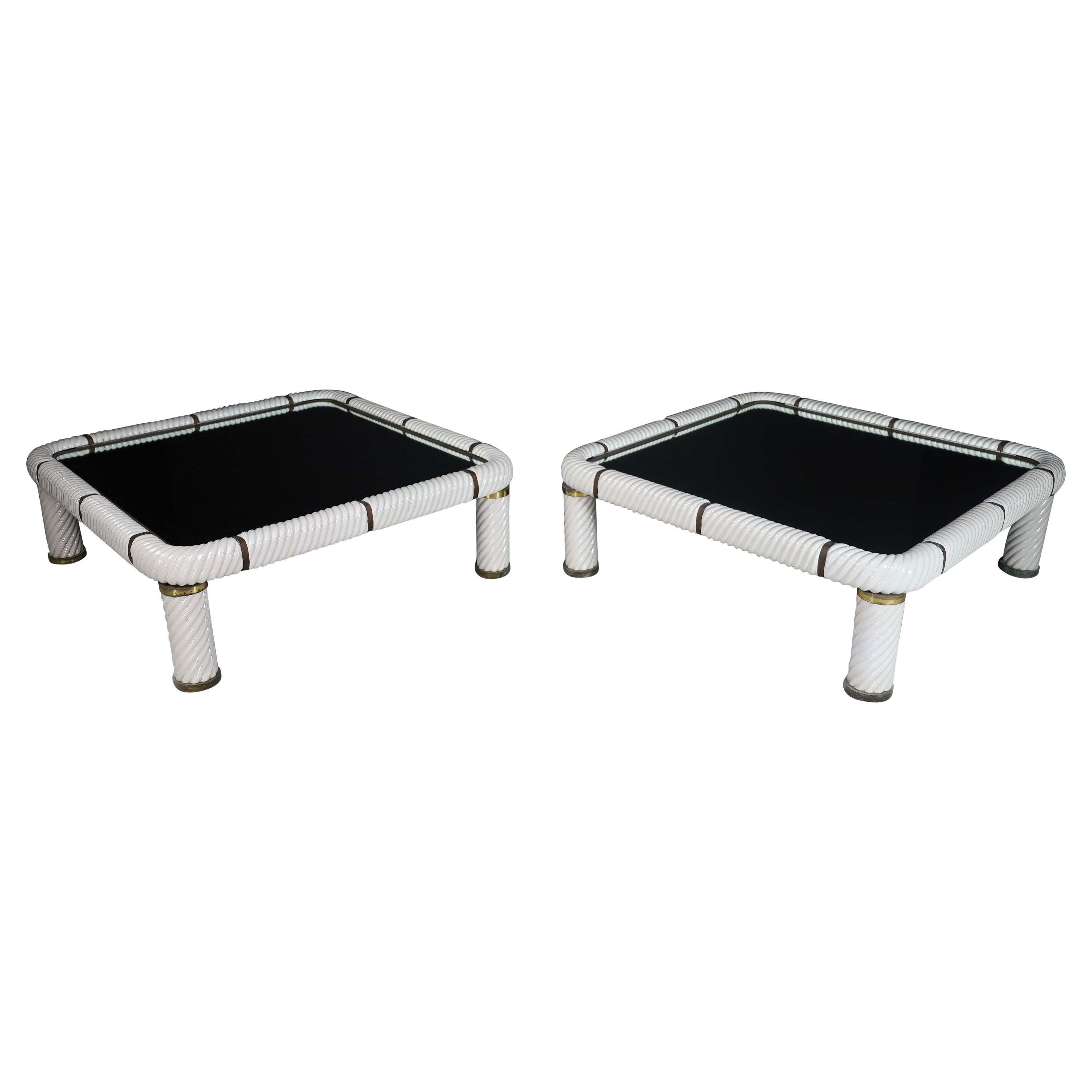 Pair Tommaso Barbi White Ceramic and Brass Coffee Tables, Italy 1970s  For Sale