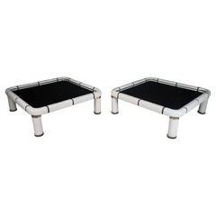 Pair Tommaso Barbi White Ceramic and Brass Coffee Tables, Italy 1970s 