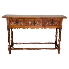 Early 20th Century Catalan Spanish Hand Carved Walnut Console Table