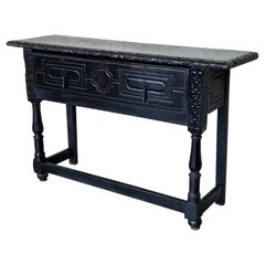 19th Spanish Console Table with Two Carved Drawers and Original Hardware