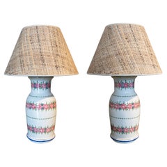 Spanish Pair of Hand-Painted Porcelain Lamps with Flower Borders