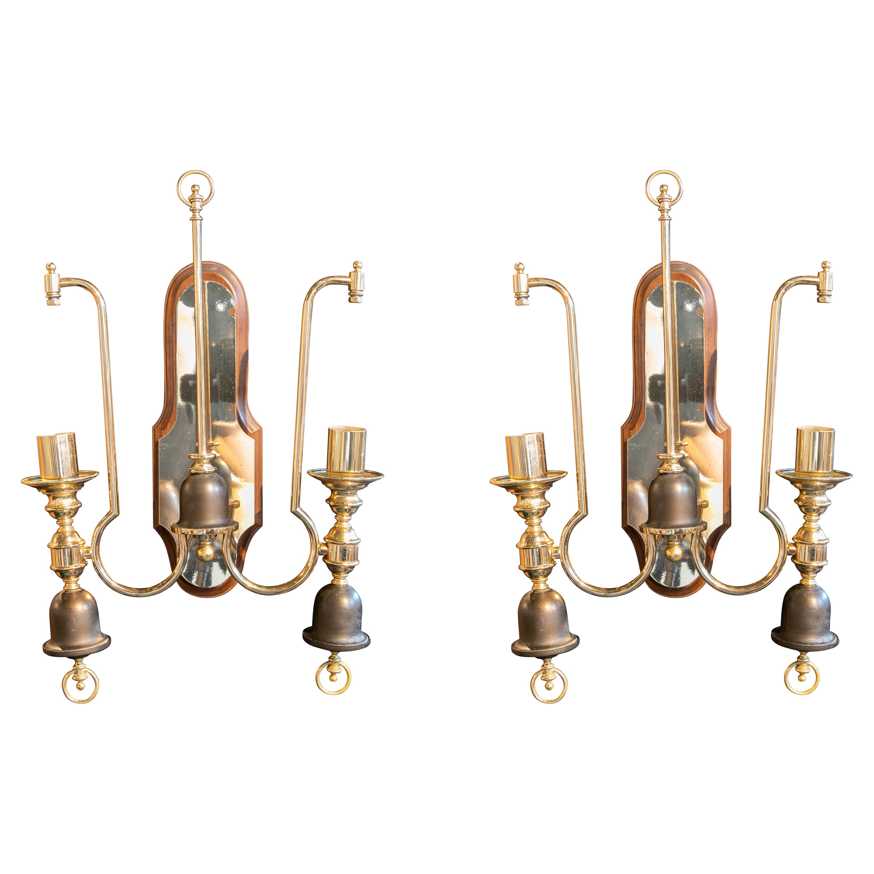 1970s Spanish Pair of Sconces in Gilded Metal and Wood