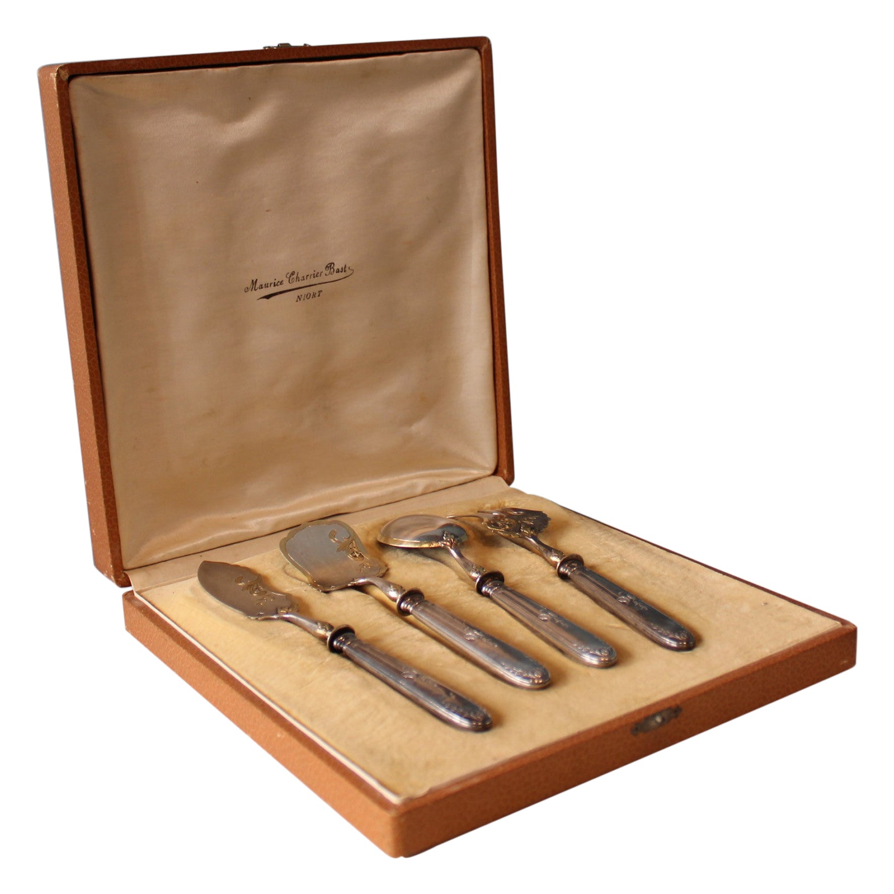 Silver and gold metal serving cutlery in their box For Sale